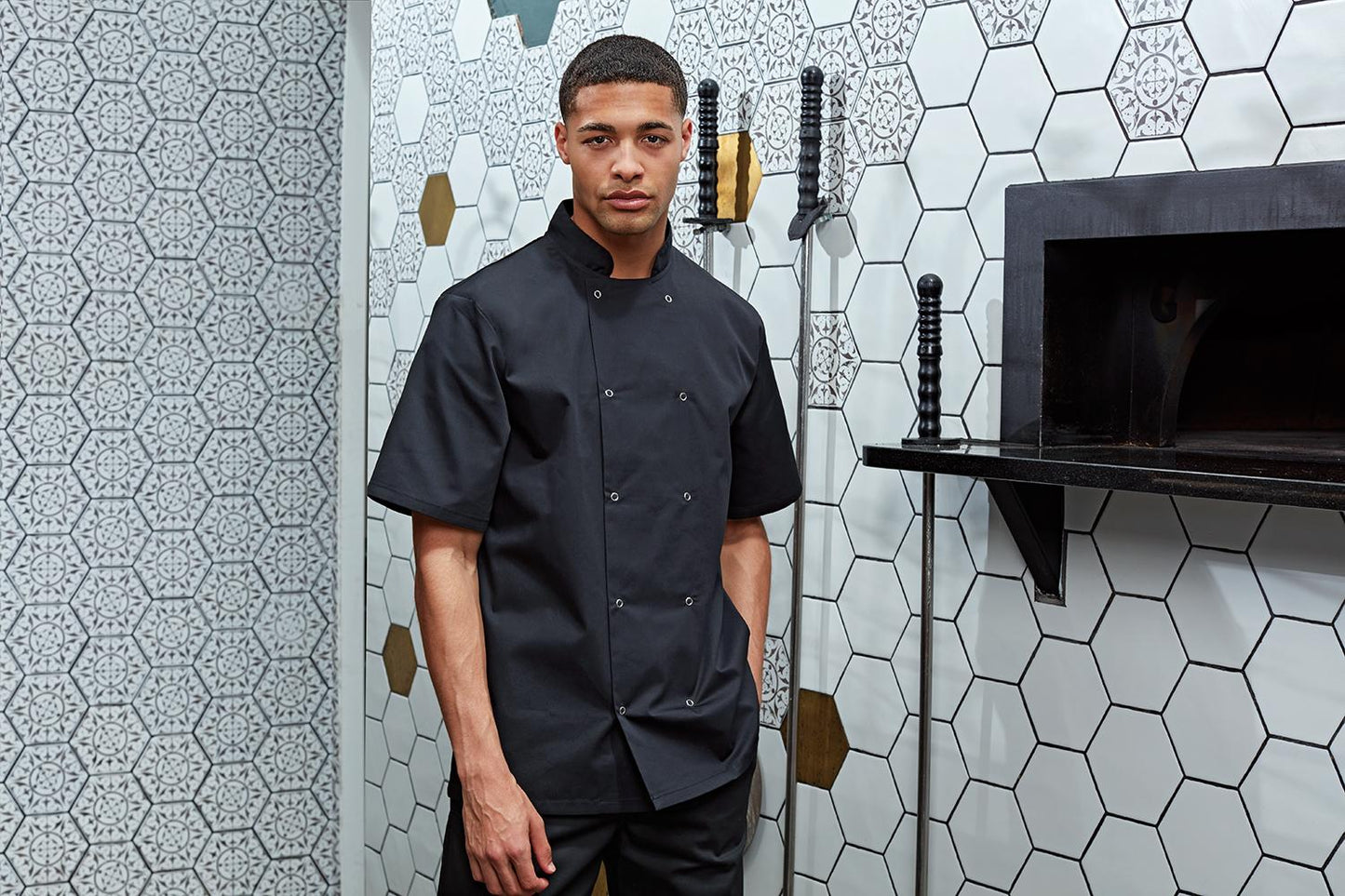 P664 STUDDED FRONT CHEFS JACKET S/S